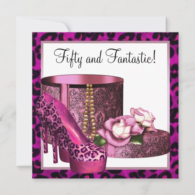 Invitation Chaussures à talon rose femmes léopard 50e anniver (Devant)