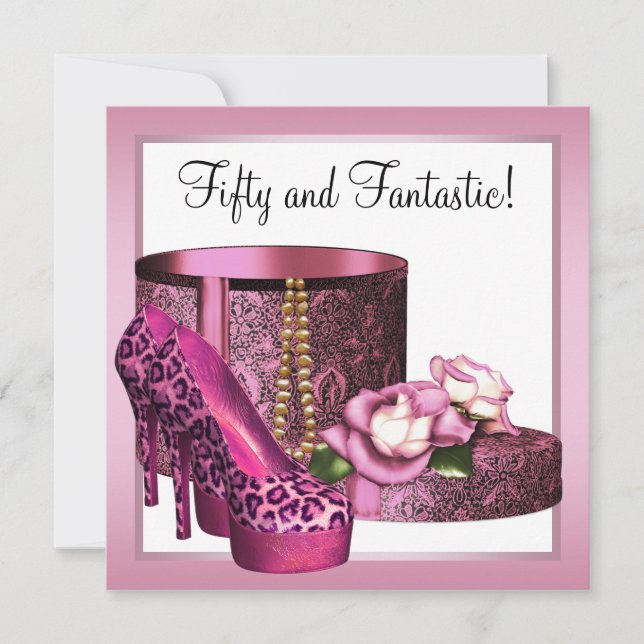 Invitation Chaussures à talon rose femmes léopard 50e anniver (Devant)