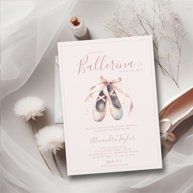 Invitation Chaussures Ballerina Rose Blush Or Baby Girl Douch (little ballerina baby girl shower invitation pink blush gold ballet shoes watercolor cute adorable)