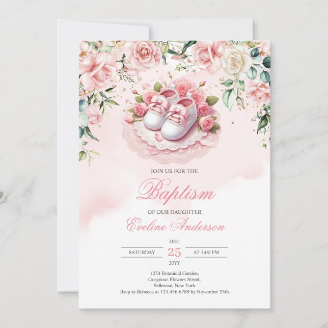Invitation Chaussures Baptême rose fille babypanons rousse ro (Devant)