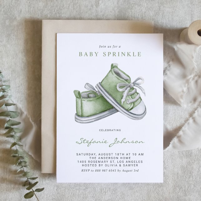 Invitation Chaussures bébé aquarelle verte Baby Sprinkle (Créateur téléchargé)