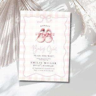 Invitation Chaussures bébé fille rose Baby Shower à nœud Ging