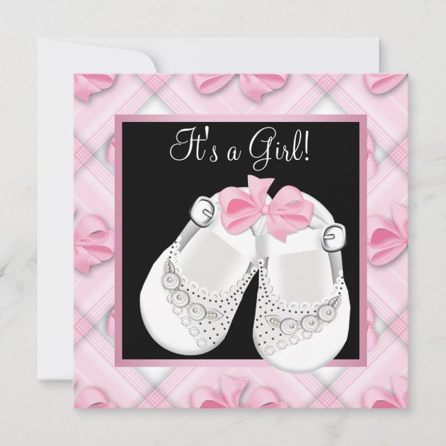 Invitation Chaussures Bébé Rose Blanc Noir Rose Bébé Fille Do (Devant)