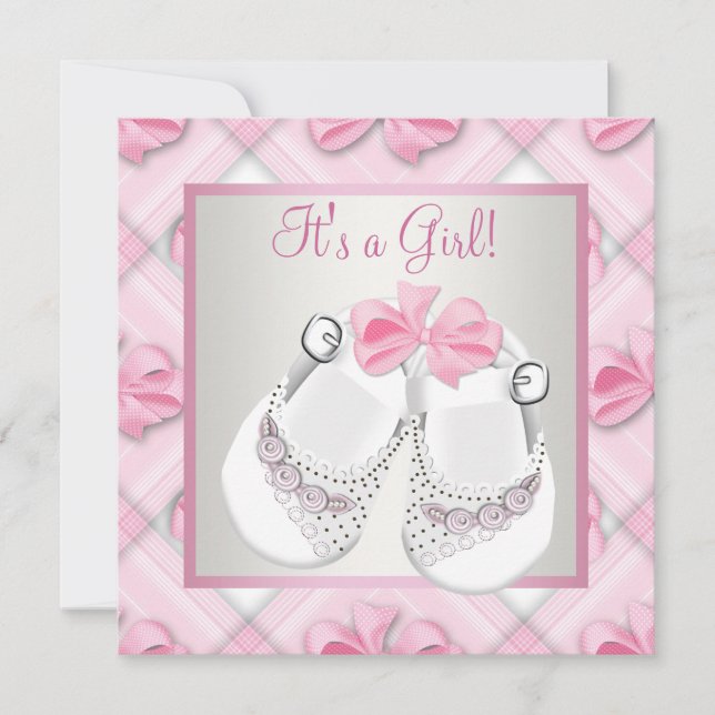 Invitation Chaussures Bébé Rose Blanc Rose Bébé Fille Douche (Devant)