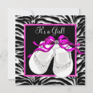 Invitation Chaussures bébé rose chaud Zèbre Baby Shower Fille