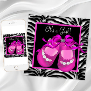 Invitation Chaussures bébé rose chaud Zèbre Baby Shower Fille