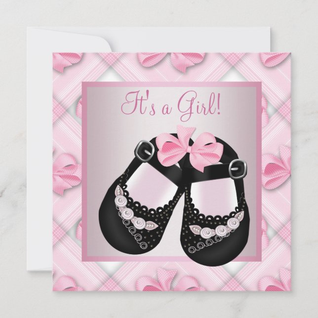 Invitation Chaussures Bébé Rose Noir Rose Bébé Fille Douche (Devant)