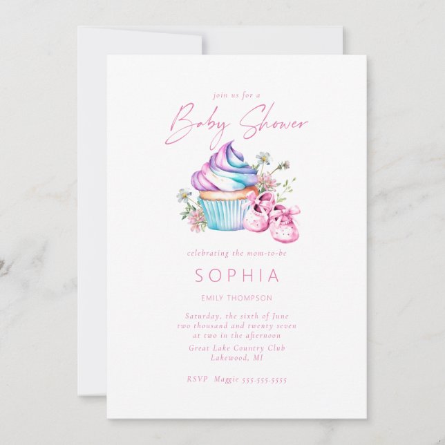 Invitation Chaussures bébé roses, cupcake et Baby shower de f (Devant)