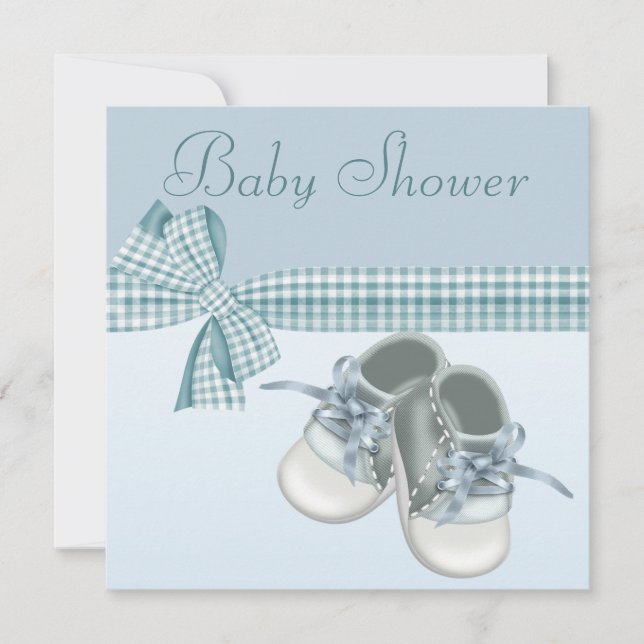 Invitation Chaussures bleues de douche mignonne de bébé et (Devant)