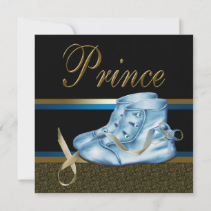 Invitation Chaussures bleues Fête bébé Prince noir et or