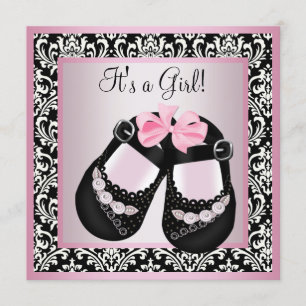 Invitation Chaussures Damas Rose Noir Bébé Fille Douche