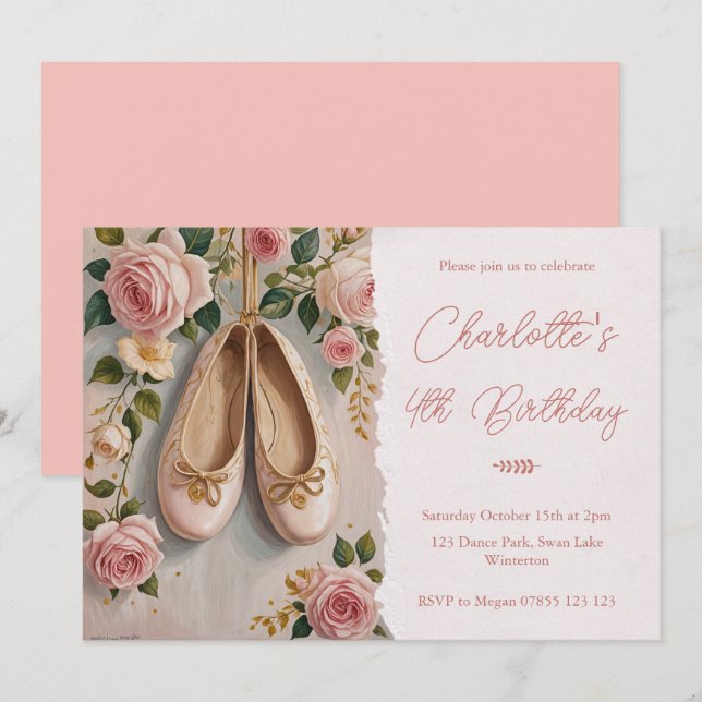 Invitation Chaussures de Ballet Rose & Rose Anniversaire (Devant / Derrière)