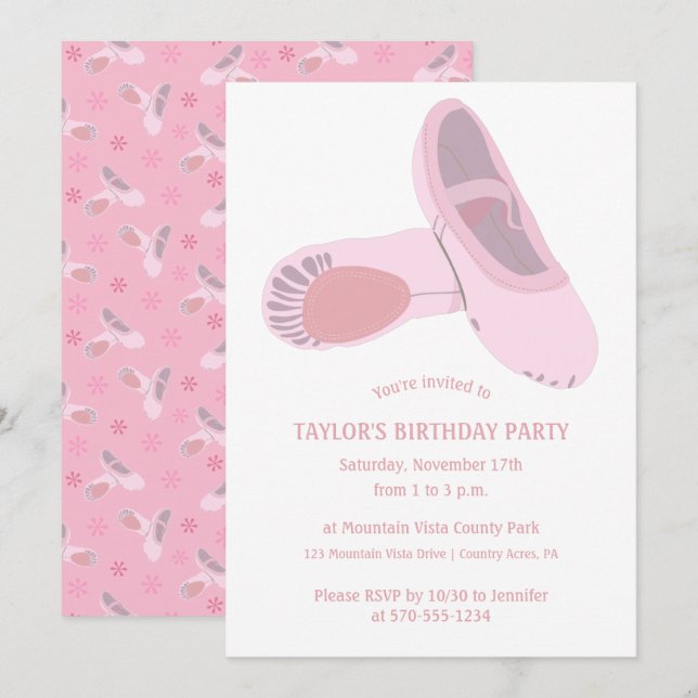 Invitation Chaussures de Ballet Rose sur Blanc Personnalisé A (Devant / Derrière)