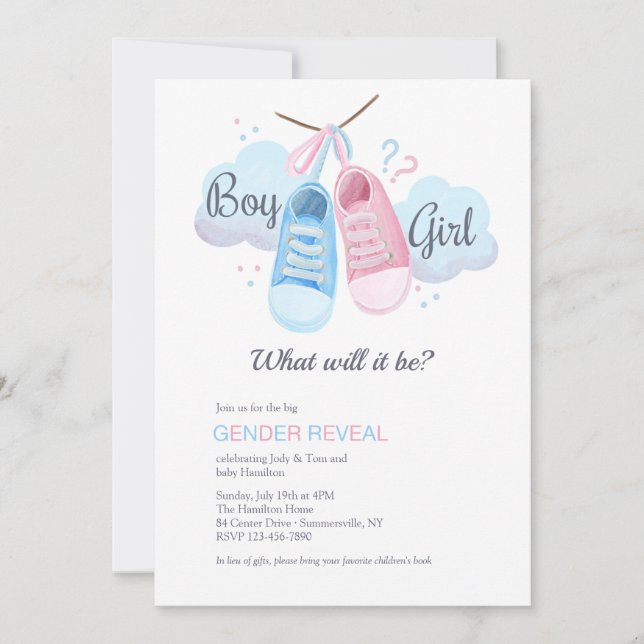 Invitation Chaussures de bébé bleu ou rose Révélation de genr (Devant)
