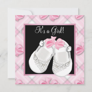 Invitation Chaussures de bébé roses et blanches Fête de naiss
