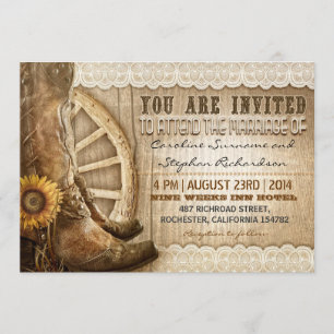 Invitation chaussures de cow-boy tournesols mariage de bois b