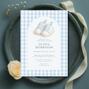 Invitation Chaussures Gingham Bleu Aquarelle pour Baby Shower