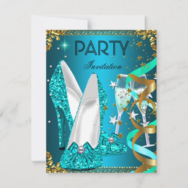 Invitation Chaussures Gold Blue pour la fête d'anniversaire (Devant)