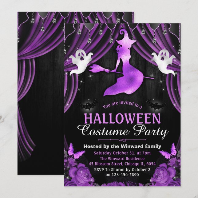 Invitation Chaussures noires et violettes et rideaux Shimmer  (Devant / Derrière)
