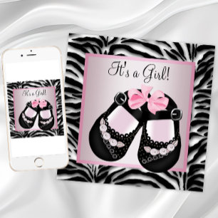 Invitation Chaussures noires roses Baby Shower Zèbre rose
