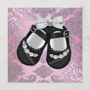 Invitation Chaussures noires roses bébé fille damassé