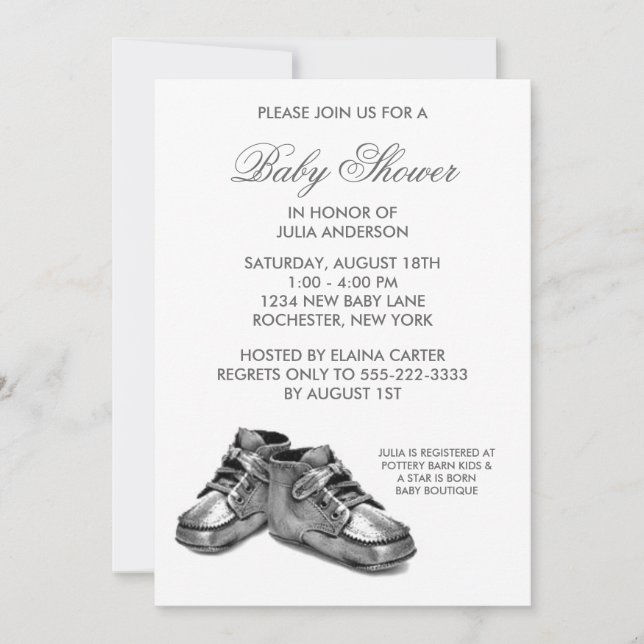 Invitation Chaussures pour bébé en argent Baby shower Invitat (Devant)