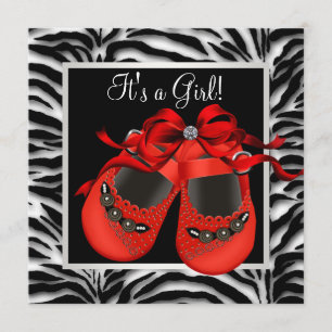 Invitation Chaussures Rouges Noires Fête Bébé Fille Zèbre Rou