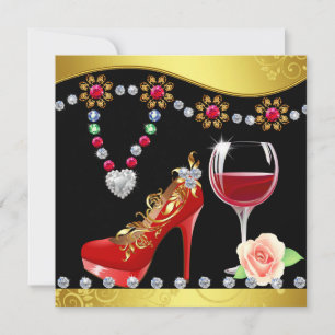 Invitation Chaussures rouges, vin et bijoux Douche nuptiale