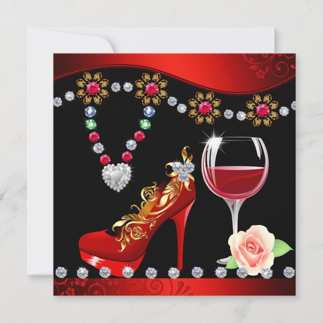 Invitation Chaussures rouges, vin et bijoux Douche nuptiale n (Devant)