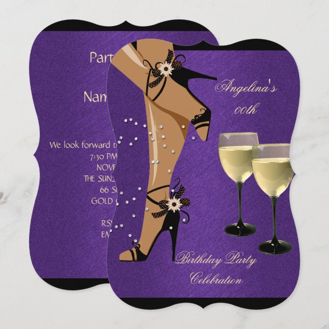 Invitation Chaussures violet noir Verre de vin fête d'anniver (Devant / Derrière)