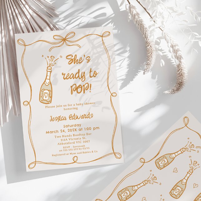 Invitation Chaussures Whimsical Neutres Prêtes À Pop Baby sho (Whimsical She's Ready to Pop Baby Shower Invitation Gender Neutral Bow Champagne Bottle Pop Cork)