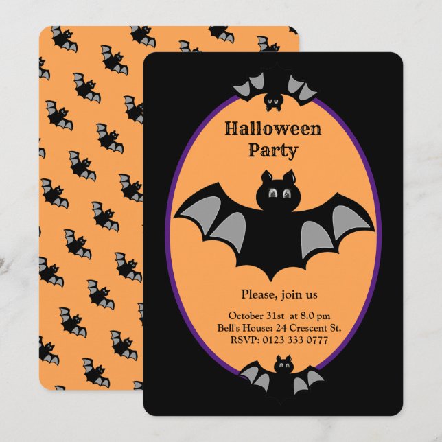 Invitation Chauve-souris d'Halloween moderne sur noir et oran (Devant / Derrière)