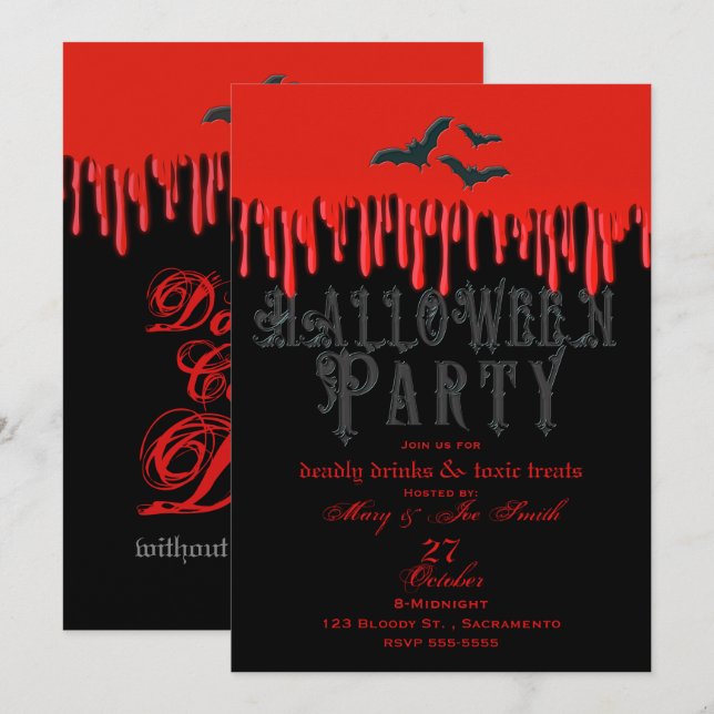 Invitation Chauve-souris gothique et sang rouge à goutte Hall (Devant / Derrière)