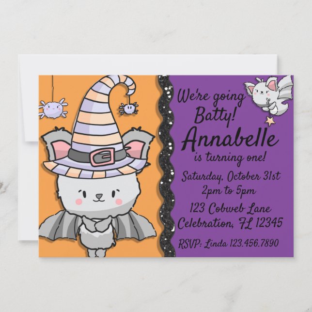 Invitation Chauve-souris Halloween avec araignées Anniversair (Devant)