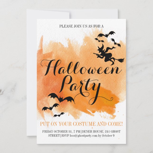 Invitation Chauve-souris Halloween et sorcière aquarelle mode (Devant)