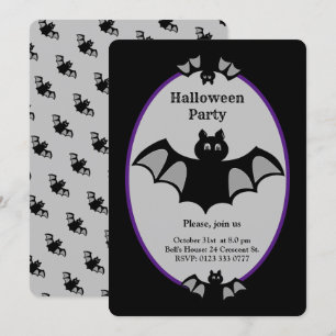 Invitation Chauve-souris moderne d'Halloween sur fond noir et