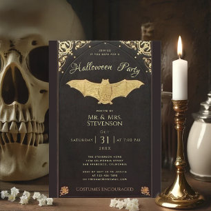 Invitation Chauve-souris noire élégante d'Halloween dorée vin