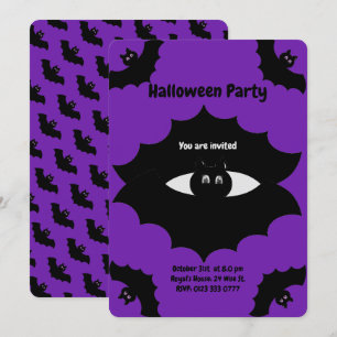 Invitation Chauves-souris d'Halloween sur fond violet royal