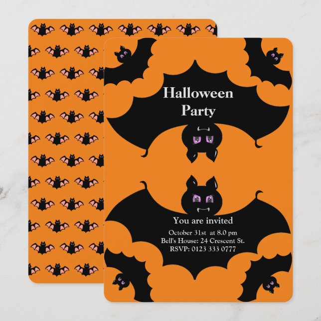 Invitation Chauves-souris Éffrayantes d'Halloween sur Orange (Devant / Derrière)
