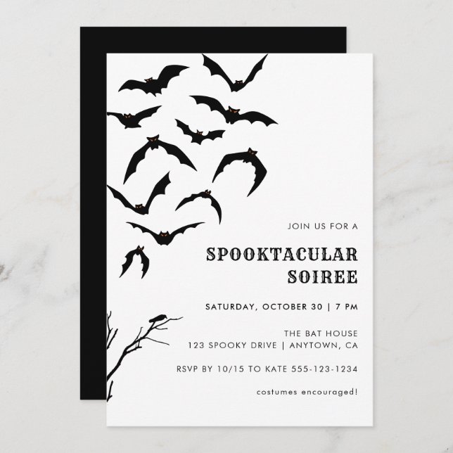 Invitation Chauves-souris noires et blanches Halloween Spookt (Devant / Derrière)