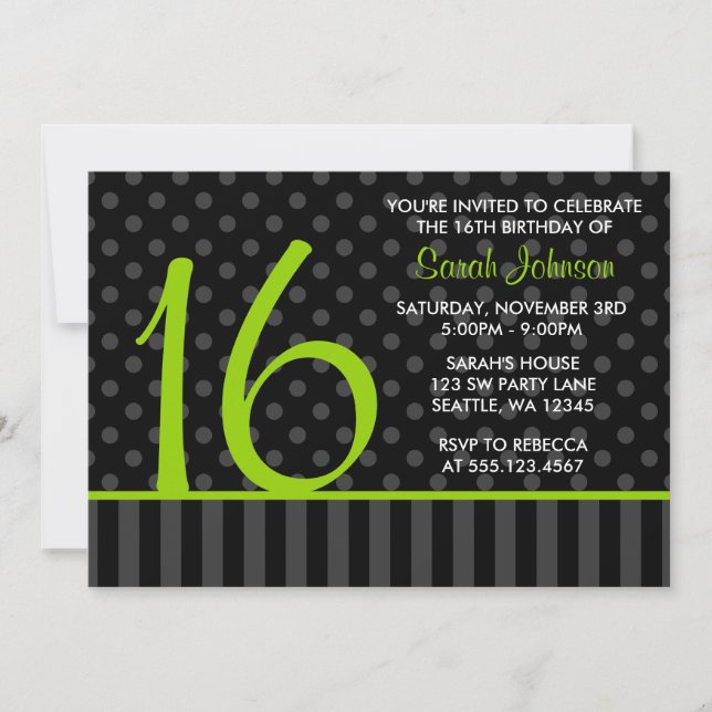 Invitation Chaux et anniversaire noir du bonbon 16 à rayures (Devant)