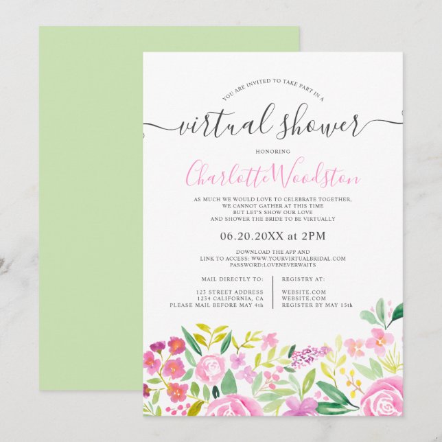 Invitation Chaux rose floral aquarelle script douche virtuell (Devant / Derrière)