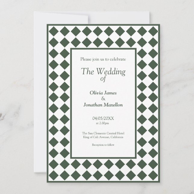 Invitation Checkered Simple Modern Dark Green Wedding (Devant)
