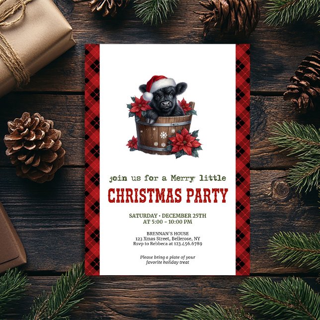 Invitation Cheerful highland cow invite red poinsettia charm (Cheerful highland cow invite red poinsettia charm

)