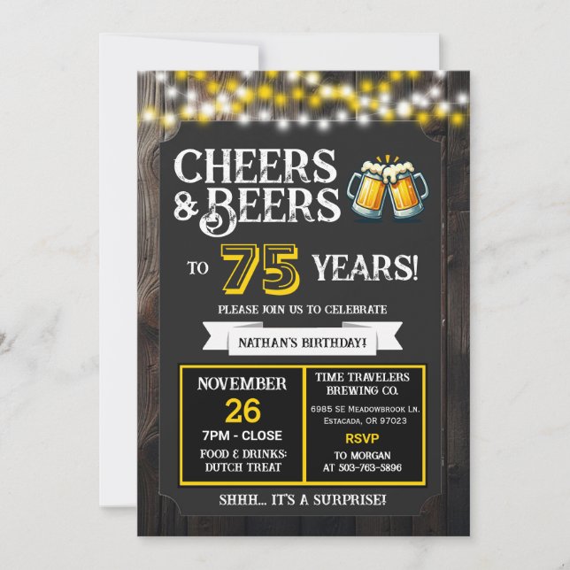 Invitation Cheers and Beers to 75 Years Surprise Brewery (Devant)