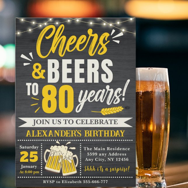 Invitation Cheers and Beers to 80 Years, Beer-Themed  (Créateur téléchargé)