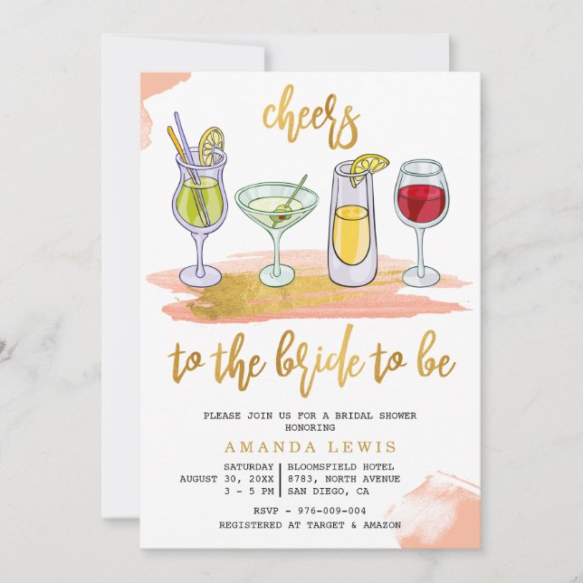 Invitation Cheers Gold Script Boissons Fête des mariées Blush (Devant)
