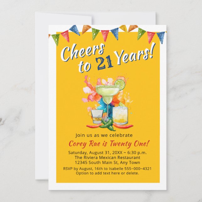 Invitation Cheers to 21 Years Modern 21st Birthday  Fiesta (Devant)