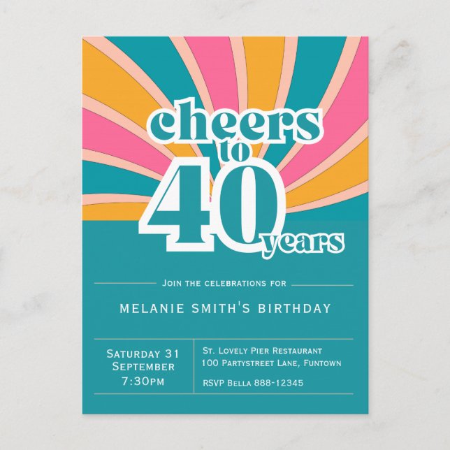 Invitation "Cheers to 40 years", rétro 40e anniver (Devant)