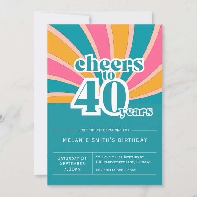 Invitation "Cheers to 40 years", retro blue 40th  (Front)
